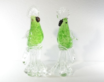 Set aus 2 handgefertigten, schweren Glasfiguren im Murano-Stil, Kakadu, Papagei, grüner Vogel, Vintage, 24 cm hoch