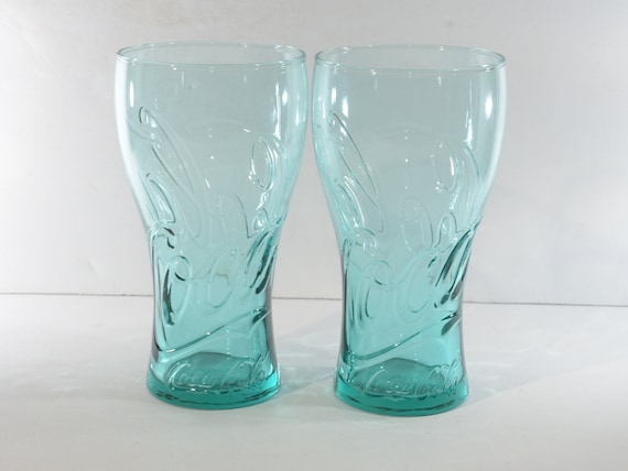 Set of 2 Blue Turquoise Coca Cola Glass Tumbler Drinking Set of 2 Blue Turquoise Coca Cola Glass Tumbler Drinking