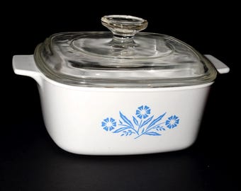 CORNING WARE Vintage Blue Cornflower 1-1/2 Qt Casserole Glass Lid Casserole Dish 1970s Pyroceramic Pyrex lid Canada A-1 1/2-B