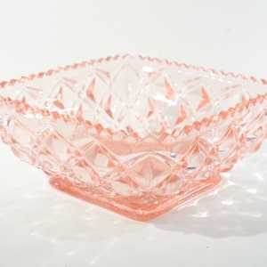 Pink Depression Glass bowl square 5.5" D Diamond and Dots Pattern vintage squared candy dish starburst toothed CHIPPED