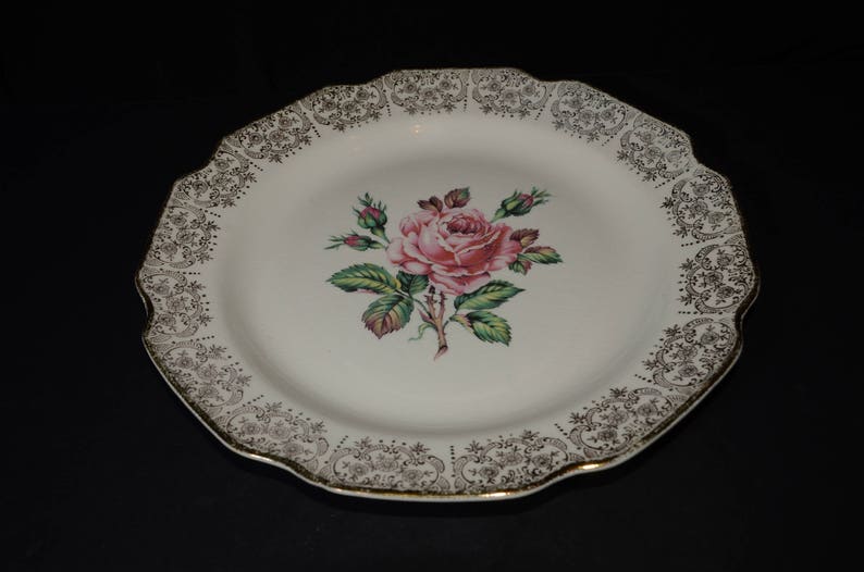 teacup and saucer vintage U.S.A. Pink roses 22k gold floral chintz BRIARD rose c.1950s dinnerware set Mid-century DOMINION CHINA