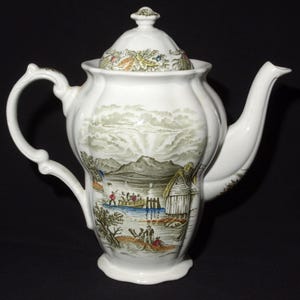 Vintage Ridgway Heritage coffee pot teapot Bone China Copps Ferry England Canadian Scenes Staffordshire Ridgways Green Transferware ot2