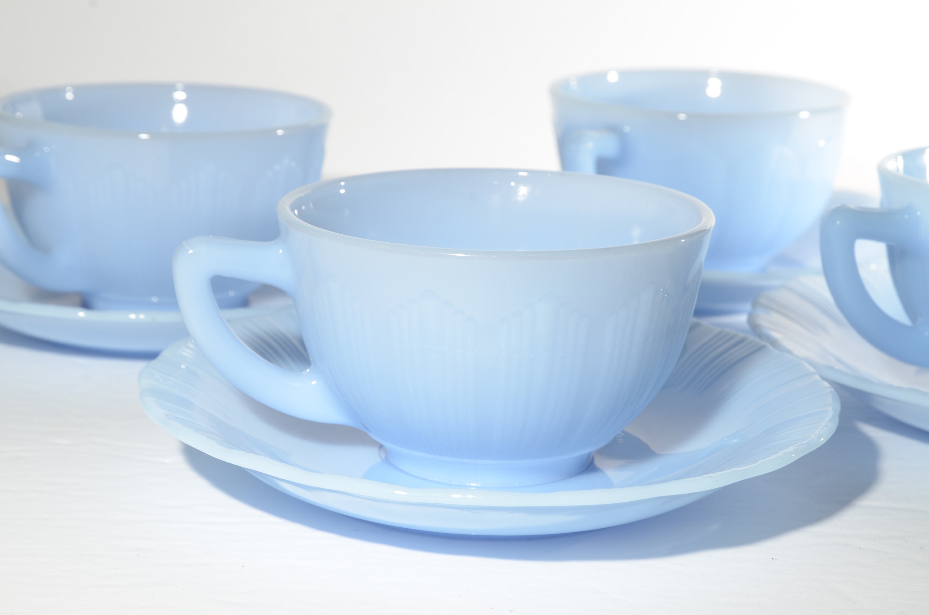 Set of 4 PYREX Delphite Blue Teacup and Saucer 8 Pieces Vintage 1930s ...