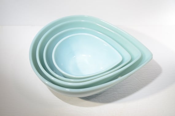 Fire King Delphite Blue Swedish Bowl Teardrop Complete Set Set of