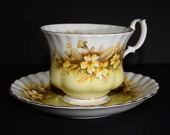 ROYAL ALBERT Melody Series Duet Bone China Teacup and saucer Yellow and Brown floral Gold Rimmed England Vintage Yellow Tea Cup Montrose