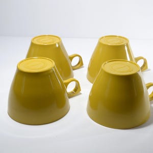 Vintage Set of 4 MAPLEX Melmac Mustard yellow Teacup and saucer yellow Mid century Hard Plastic Melamine Camping cups 8 pc image 5