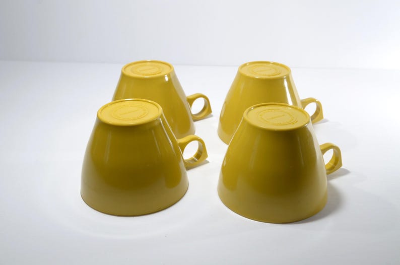 Vintage Set of 4 MAPLEX Melmac Mustard yellow Teacup and saucer yellow Mid century Hard Plastic Melamine Camping cups 8 pc image 5