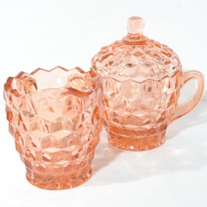 Jeannette Glass Cube Pink depression glass creamer and sugar bowl with lid set pink depression glass vintage Cubist diamond MINT