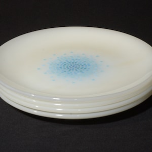 Set of  4 FIRE KING Blue Mosaic lunch plate Milk Glass 7 1/4&quot; salad 1960s blue square