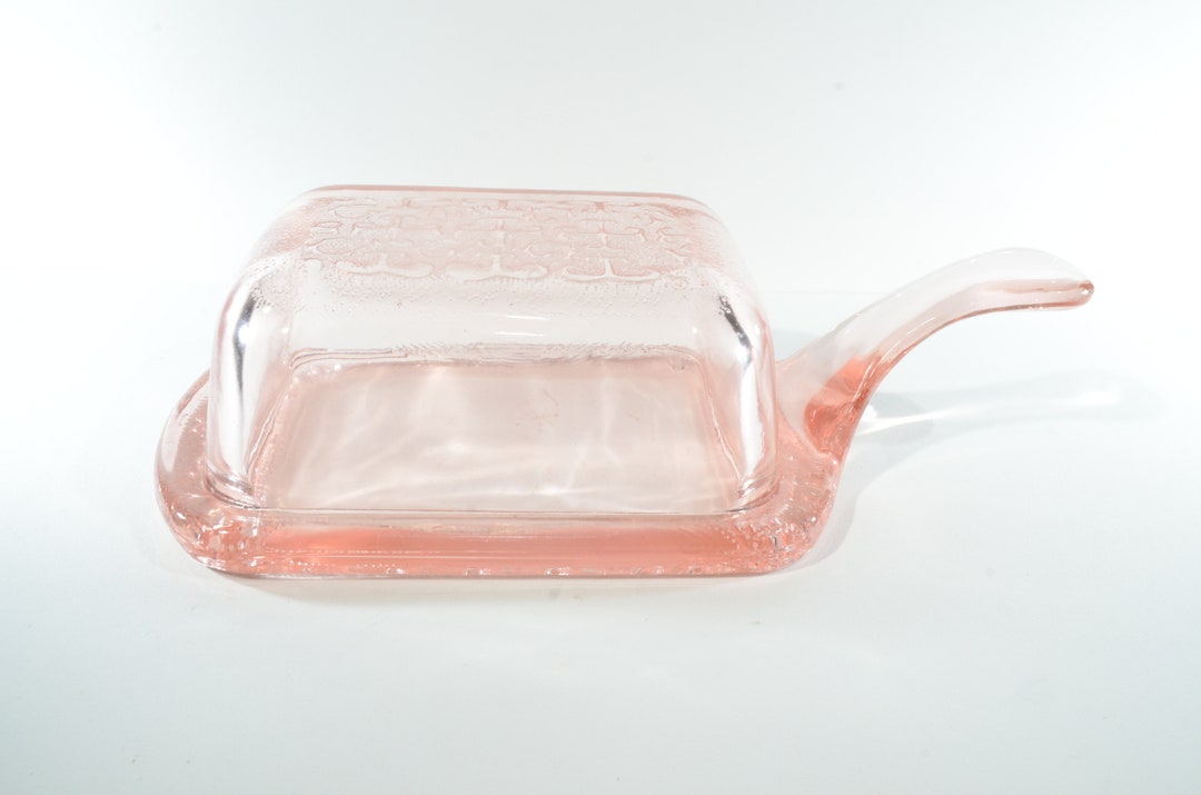 Pink Glass Butter Dish With Lid With an Handle Vintage Cheese Dish