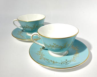 Set of 2 Royal Doulton Melrose  Footed Teacup and Saucer Set Bone China England turquoise gold filigree tea cup floral