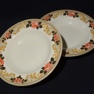 Set of 2 J & G Meakin Sol Jacobean Ware deep plate bowl England black orange mustard yellow floral art nouveau ironstone 391413 loss of gold