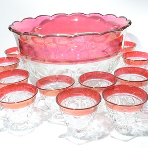 Indiana Glass Cranberry Glass Punch bowl Set 11 glasses footed punch cup Kings Crown Christmas Decor Thumbprint scalloped edge pink ot