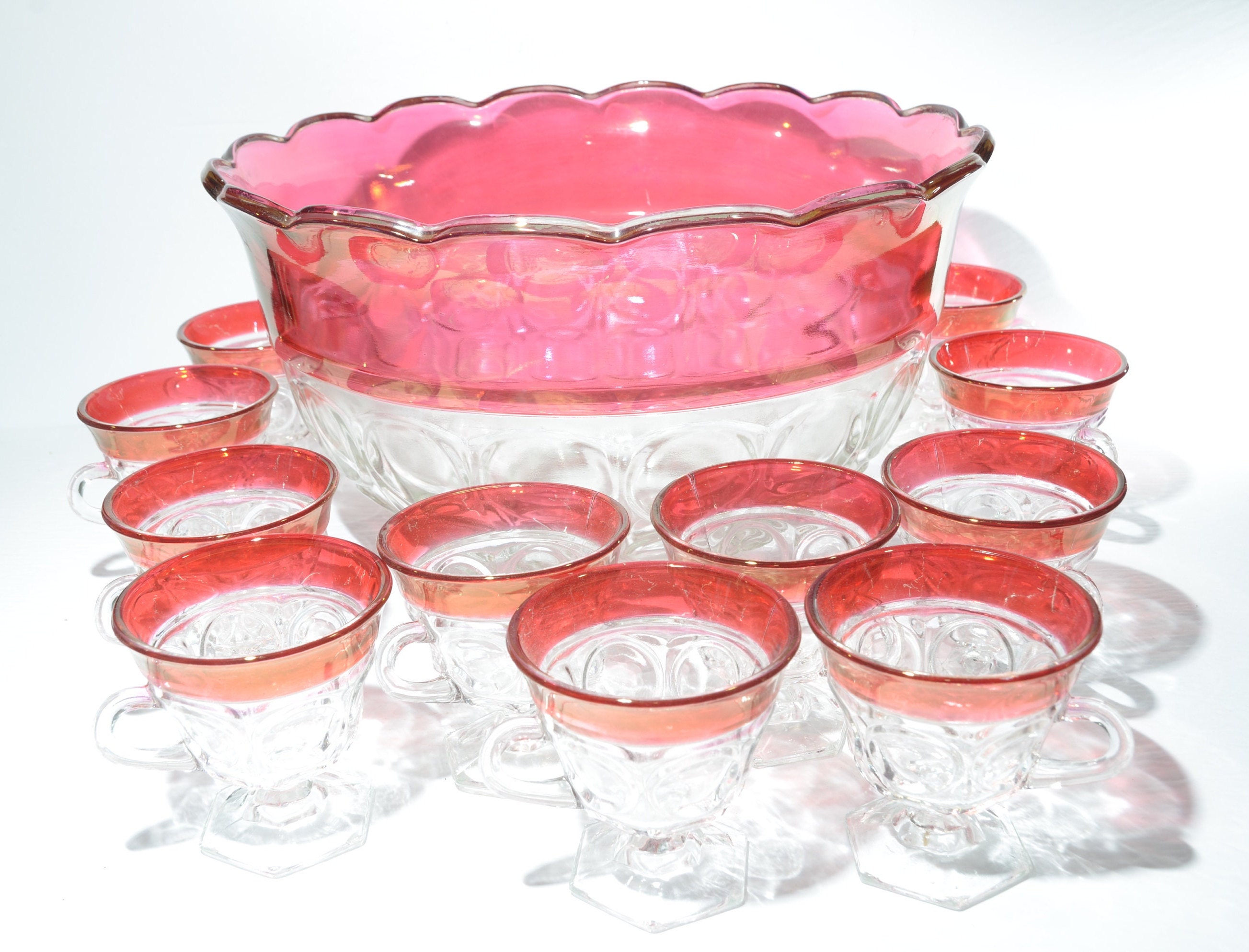 Indiana Glass Cranberry Glass Punch Bowl Set 11 Glasses Footed