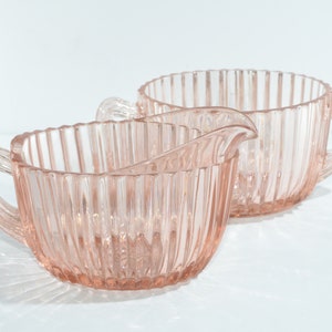 Anchor Hocking pink depression glass Manhattan open rose sugar bowl and creamer set cream and sugar double handled bowl DAMAGED