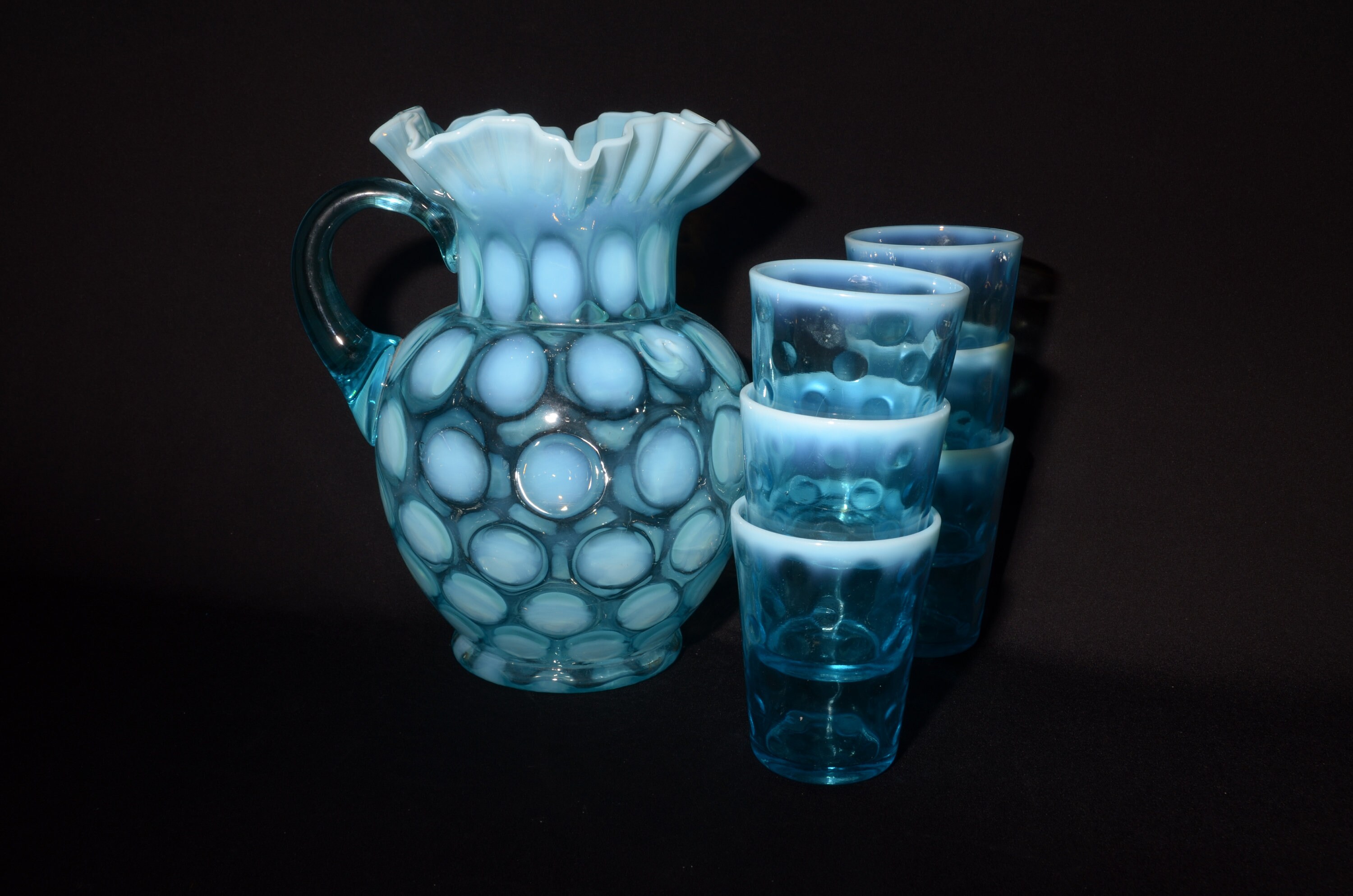 Fenton Blue Opalescent Coin Spot Dot Glass Pitcher 6 Tumbler