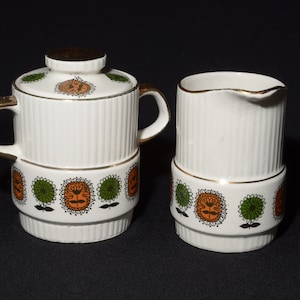 Conjunto de tampa para cremeira e açucareiro Gibsons Staffordshire, tampa para açucareiro com cobertura creme, Inglaterra, vintage, floral, laranja queimado, verde oliva