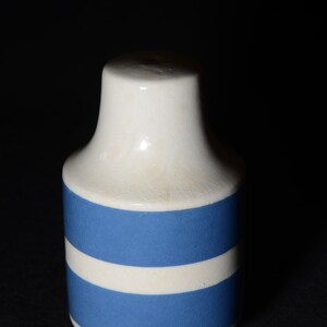 May include: A white ceramic salt shaker with blue stripes. The shaker has a round body and a small opening at the top.