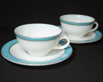 PYREX Set of 2 Türkis Blau und Gold Band Rosa Rand Teetasse mit Untertasse Vintage Pyrex 1950s Kitchen Vintage Geschirr USA Teetasse aqua