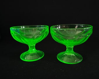 Set of 2 Federal Glass Green depression glass sherbet dish footed Uranium glass paneled