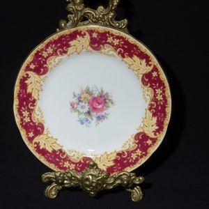 Paragon Bone China dessert plate 6 1/4&quot; bread and butter floral flower bouquet maroon Appointment gold rim burgundy G6676 tan leaves 1930s