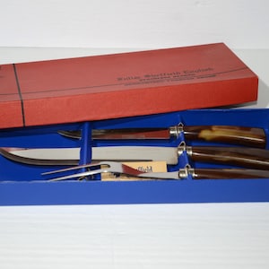 Juego de cubiertos vintage Fuller Sheffield de 3 piezas para trinchar. Juego de cubiertos ingleses con hojas de acero inoxidable en caja, mangos de baquelita, afilado permanente. Regent.
