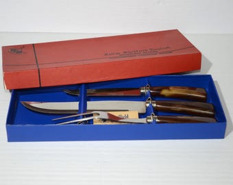 Vintage Fuller Sheffield 3 teiliges Schnitzset Besteck Englisch Edelstahl Klingen in Box Bakelit Griffen immer scharf Regent