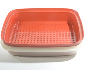 Vintage TUPPERWARE 1294 Large Season Serve Meat Vegetable Marinade Tenderize Paprika color Orange Plastic container USA white lid