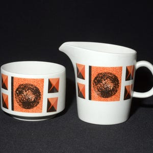 JON ANTON Ironstone creamer and sugar bowl set Vintage mid-century geometric black orange 1970s England CRAZING all over