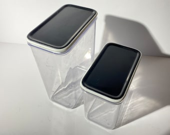 Set of 2 Mepal Rosti canister storage 750 and 1250 black lid Holland Mid century  acrylic plastic rectangle dried food