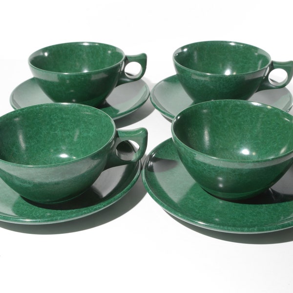 Vintage Set of 4 Forest green MELMAC Coloramic Teacup and saucer sets Mid century Hard Plastic Melamine cups mug Canada Quality Dinnerware