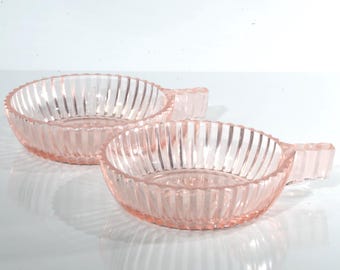Juego de 2 cuencos Hocking Glass rosa estilo Depression Glass QUEEN MARY con asa de 4", línea prismática acanalada vintage, nervadura vertical, CHIPS