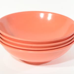 Vintage MELMAC tangerine orange Hard Plastic Canadian melamine Set of 4 cereal bowl dinnerware salad bowl 5 3/4&quot; camping plenty of scratches