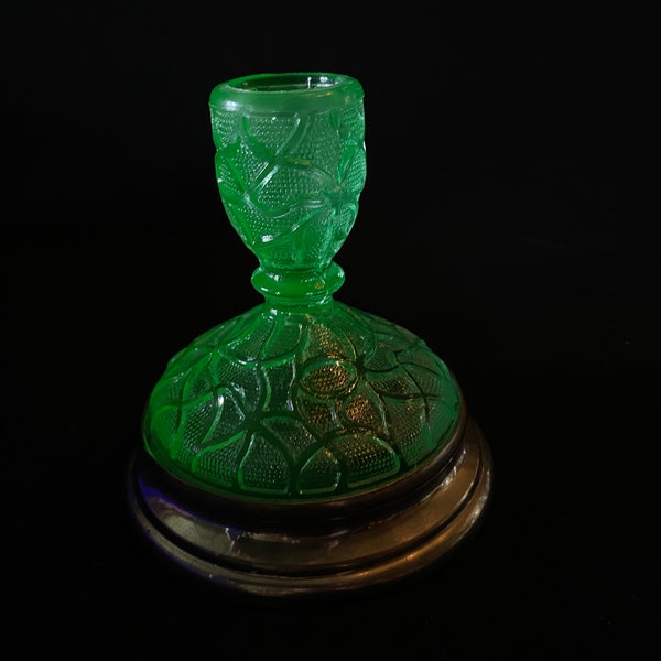 Green Depression glass Candlestick Holder "crackle glass" cracked ice uranium glass  4.5" tall candle holder silver metal base Tree of Life