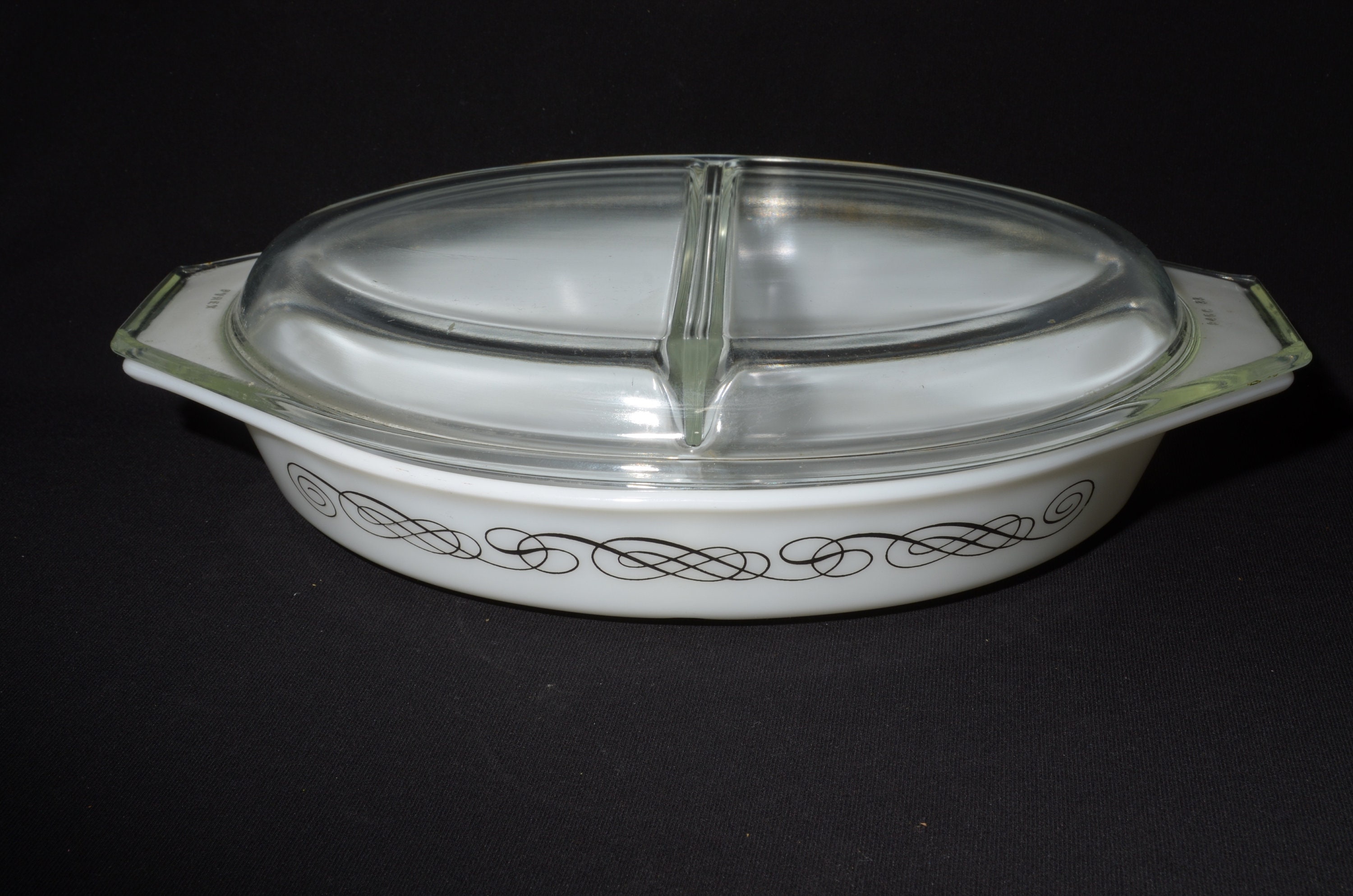 Fabulous Black Scroll Divided Casserole Vintage Baking Dish by
