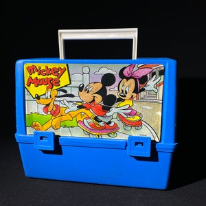 Vintage plastic lunch box blue Disney Mickey Mouse collectible retro decor Canadian Thermos Products orange thermos