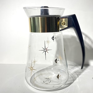 Corning Atomic Starburst 6 cup Coffee Pot Carafe Gold Atomic Starburst Mid Century teapot Vintage Pyrex Black lid wonderful condition USA ot