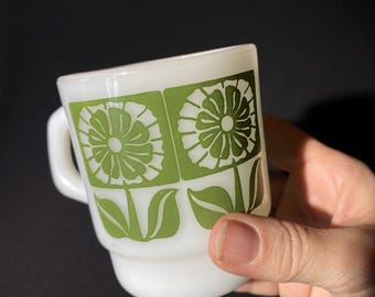 Set of 2 Fire King Vintage Green Flower Milk Glass Coffee Mug D