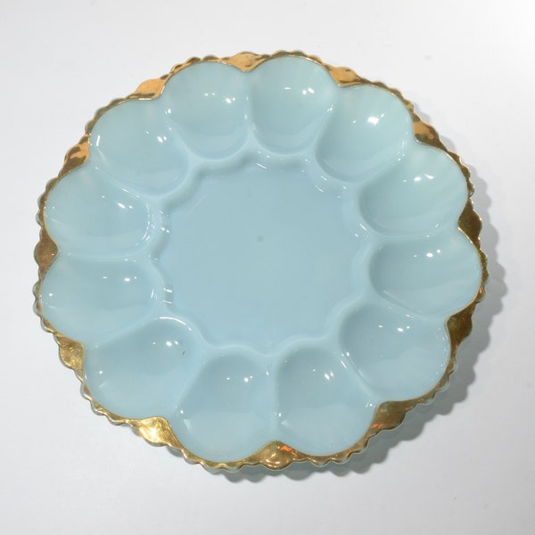 Vintage FIRE KING Turquoise Blue Gold Trim Anchor Hocking Deviled Eggs Plate Holder Platter Dish Tray Serving Dish Milk Glass egg Delphite