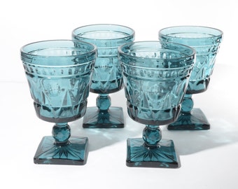 Set of 4 Indiana Glass Blue glass Goblet 5 1/2" Water Glasses Wine Colony Park Lane square base arch dot pedestal Aqua Smoke Blue 8 oz