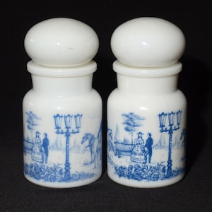 Set of 2 Belgium vintage milk glass jar plastic lid inside 5 inches tall Milk Glass Lidded Apothecary Jar with Blue Designs