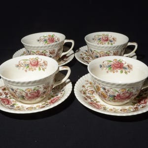 Garden Bouquet Windsor Ware Johnson Bros Set of 4 Teacup and Saucer set hand engraving floral brown transferware 1935-1950 Rose Bouquet