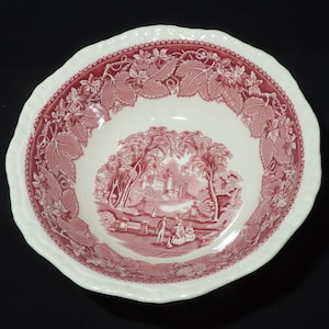 Antique Mason&#39;s Vista vegetable bowl serving bowl 9 inches Bone China England red pink transferware leaves landscape Gadroon Edge CHIPPED