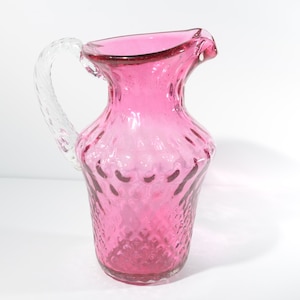 Beautiful cranberry Glass 7 inches Vintage pitcher carafe milk jug creamer glassware blown clear applied handle diamond pattern swirl pink