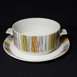 Midwinter SIENNA England handled soup bowl saucer underplate vintage pottery 1960s geometric black orange green  panels  lines