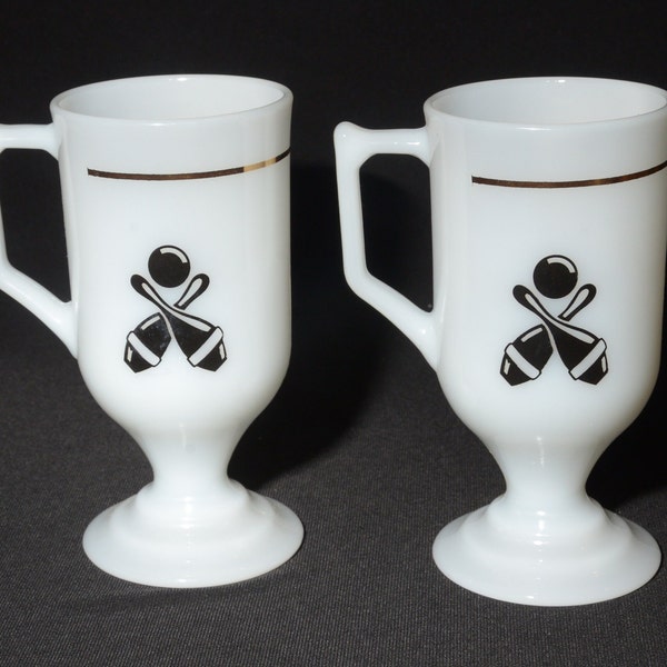 Set of 2 Vintage Bowling pin and ball mug Vintage Milk Glass Tall Pedestal Coffee Mug Cup D Handle black gold white  mint condition