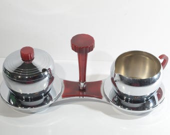Vintage Chrome Glo-Hill with Bakelite Handle Creamer and sugar bowl with lid set