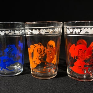 Set of 3 Swanky Swigs small tumbler 3 1/4" juice Glass MCM Vintage bleu orange red dog by Hazel Atlas for Kraft Foods