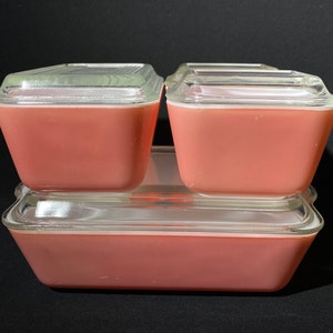 PYREX Pink Full set Fridgies with lids Vintage Pyrex Set 1950s Pyrex Refrigerator Set 501, 502, 503 8 pc rare fridgie DAMAGED ot