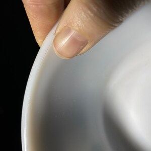 May include: A white plastic bowl with a smooth, rounded edge. The bowl is slightly curved and has a subtle sheen.